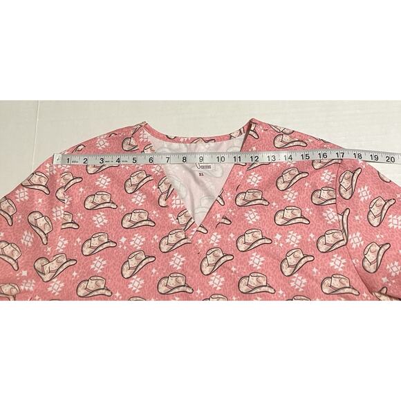 Womens Spurrin’ Scrubs Medical Scrub Top Western Cowboy Cowgirl Hat Pink XL READ - Picture 7 of 11